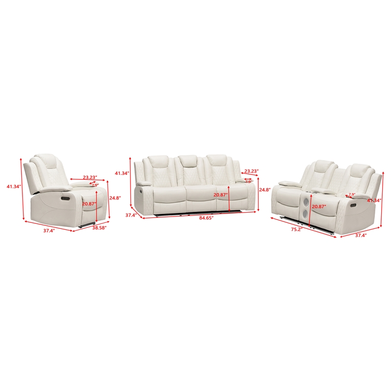 Power Reclining Sofa Set White Faux Leather 3-Piece & LED Lights Speaker Wireless Charging