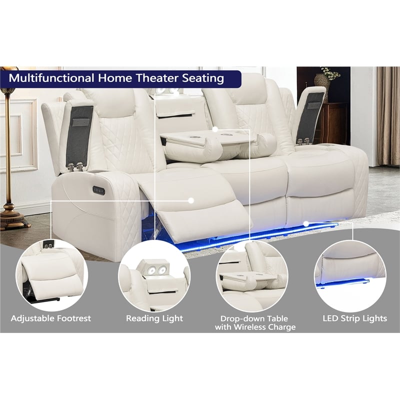 Power Reclining Sofa Set White Faux Leather 3-Piece & LED Lights Speaker Wireless Charging