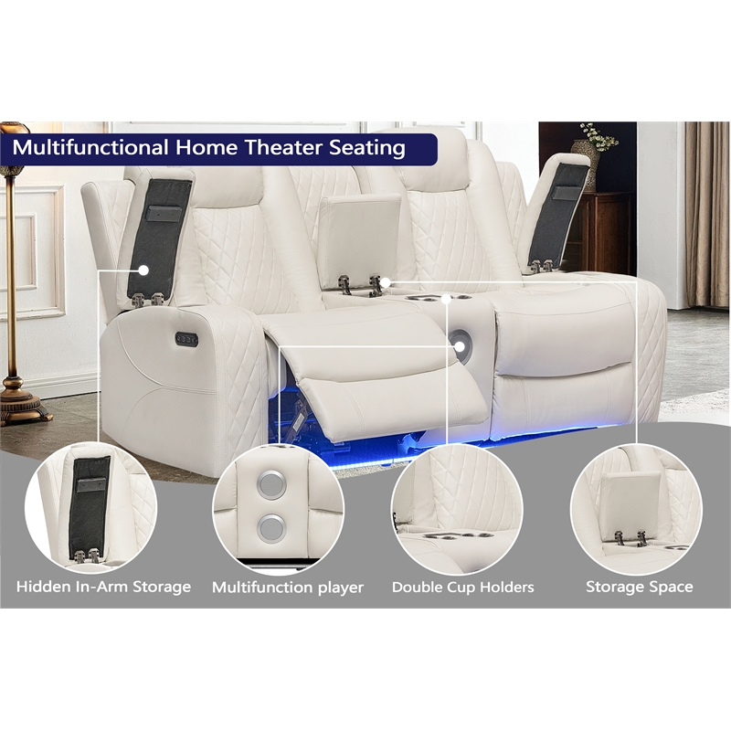 Power Reclining Sofa Set White Faux Leather 3-Piece & LED Lights Speaker Wireless Charging