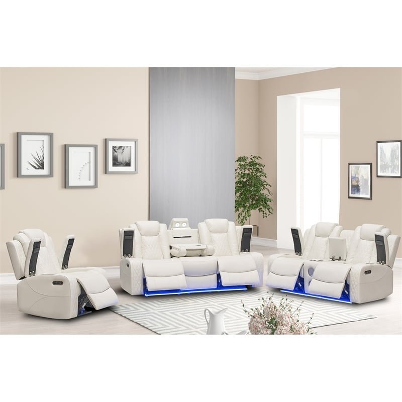 Power Reclining Sofa Set White Faux Leather 3-Piece & LED Lights Speaker Wireless Charging