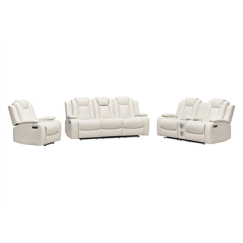 Power Reclining Sofa Set White Faux Leather 3-Piece & LED Lights Speaker Wireless Charging