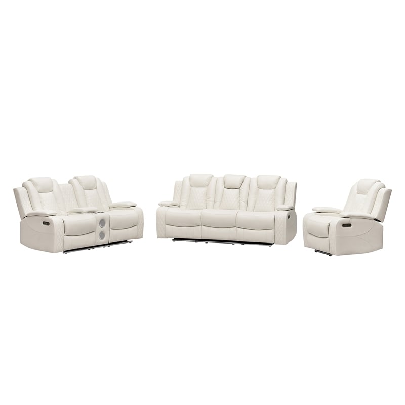 Power Reclining Sofa Set White Faux Leather 3-Piece & LED Lights Speaker Wireless Charging
