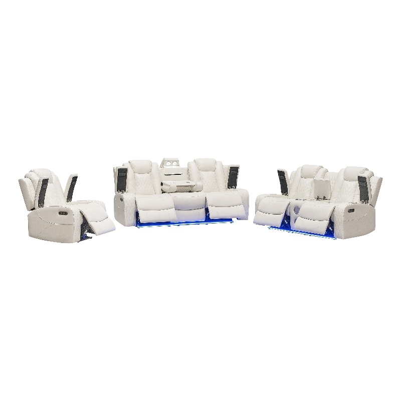 Power Reclining Sofa Set White Faux Leather 3-Piece & LED Lights Speaker Wireless Charging
