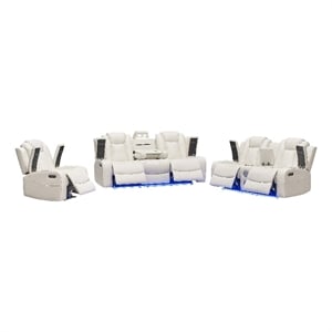 Power Reclining Sofa Set White Faux Leather 3-Piece & LED Lights Speaker Wireless Charging