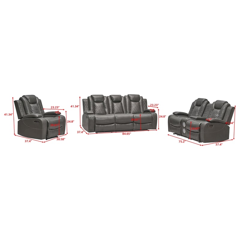 Power Reclining Sofa Set Gray Faux Leather 3-Piece & LED Lights Speaker Wireless Charging