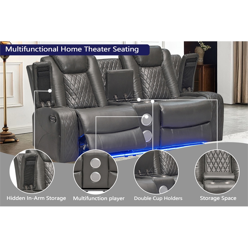 Power Reclining Sofa Set Gray Faux Leather 3-Piece & LED Lights Speaker Wireless Charging
