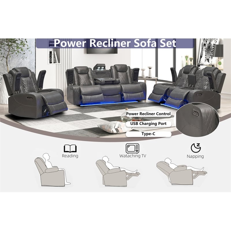 Power Reclining Sofa Set Gray Faux Leather 3-Piece & LED Lights Speaker Wireless Charging