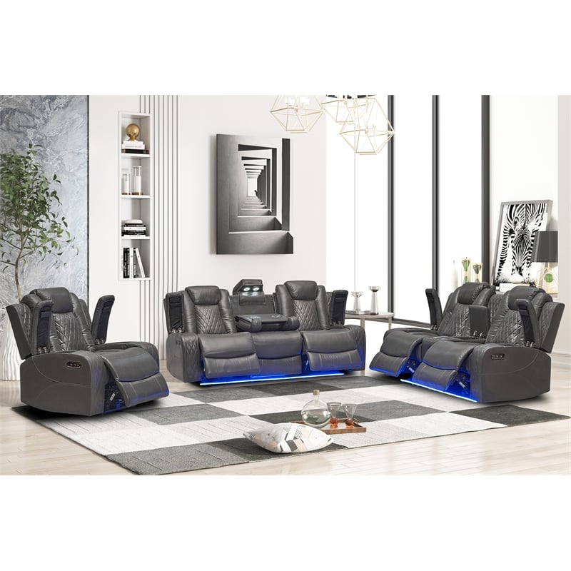 Power Reclining Sofa Set Gray Faux Leather 3-Piece & LED Lights Speaker Wireless Charging