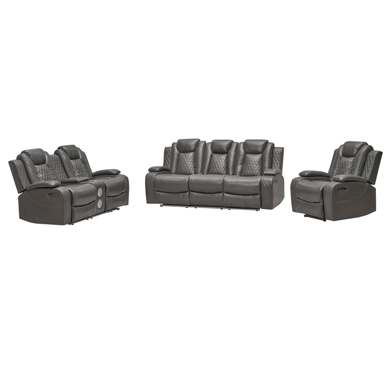 Power Reclining Sofa Set Gray Faux Leather 3-Piece & LED Lights Speaker Wireless Charging