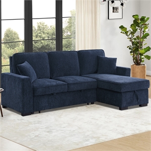 Chenille Pull Out Sofa Bed Modern L-Shaped Sleeper Sofa Dark Blue