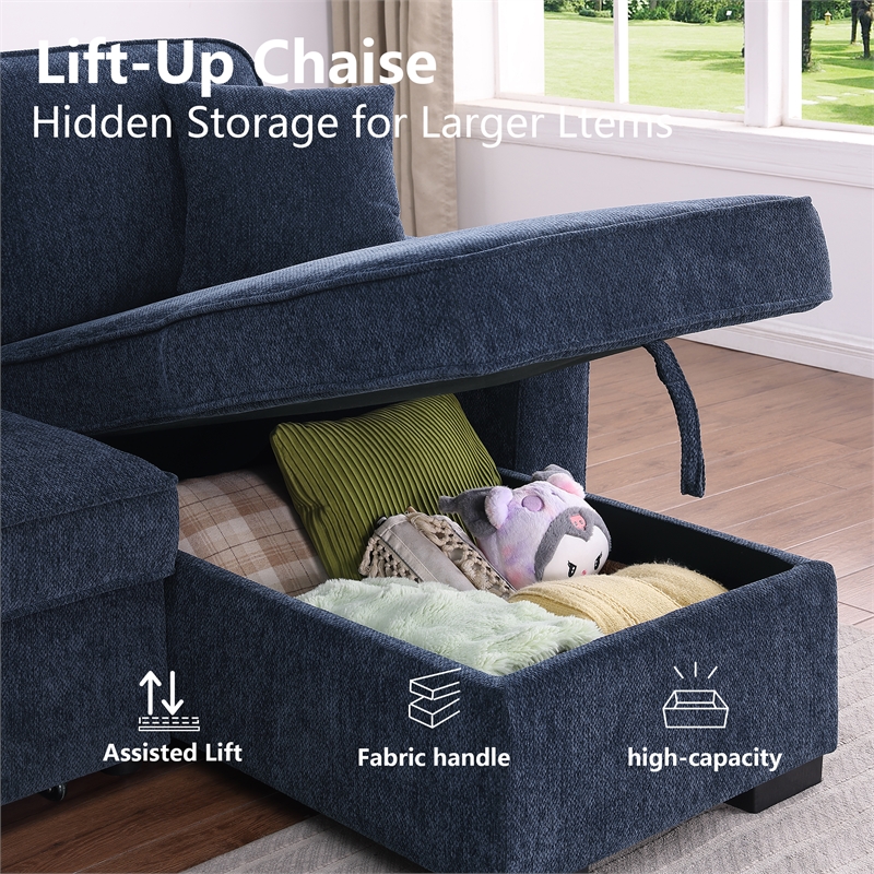 Chenille Pull Out Sofa Bed Modern L-Shaped Sleeper Sofa Dark Blue