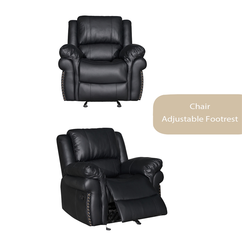 3-Piece Black Faux Leather Reclining Sofa Set with Cup Holders & Storage & Drop Down Table