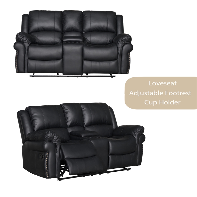 3-Piece Black Faux Leather Reclining Sofa Set with Cup Holders & Storage & Drop Down Table