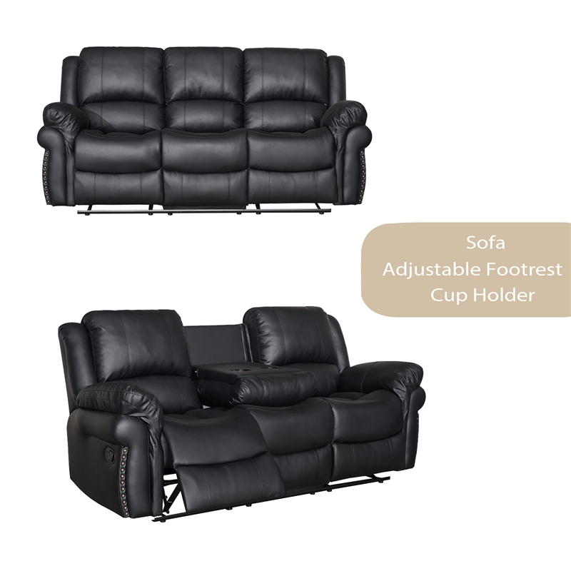 3-Piece Black Faux Leather Reclining Sofa Set with Cup Holders & Storage & Drop Down Table