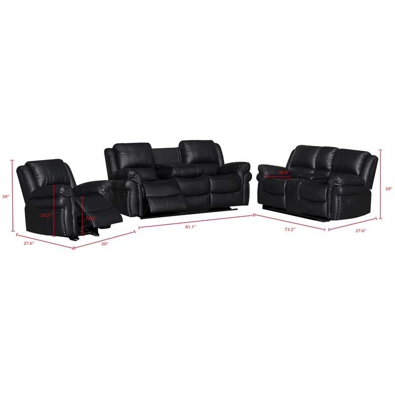 3-Piece Black Faux Leather Reclining Sofa Set with Cup Holders & Storage & Drop Down Table