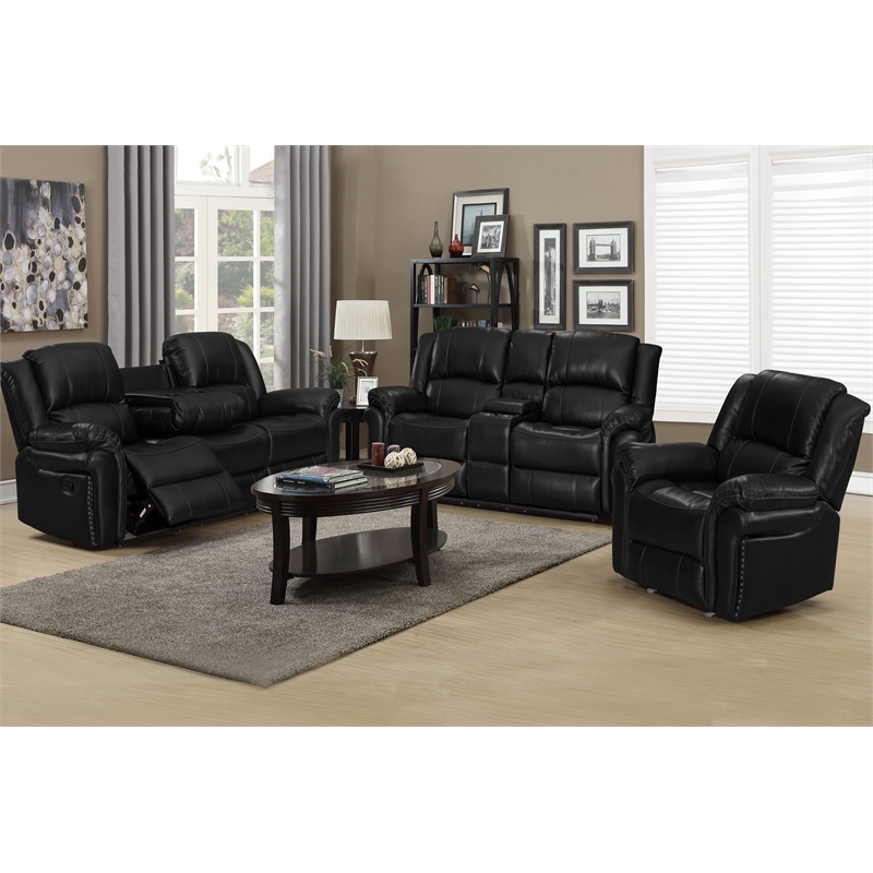 3-Piece Black Faux Leather Reclining Sofa Set with Cup Holders & Storage & Drop Down Table