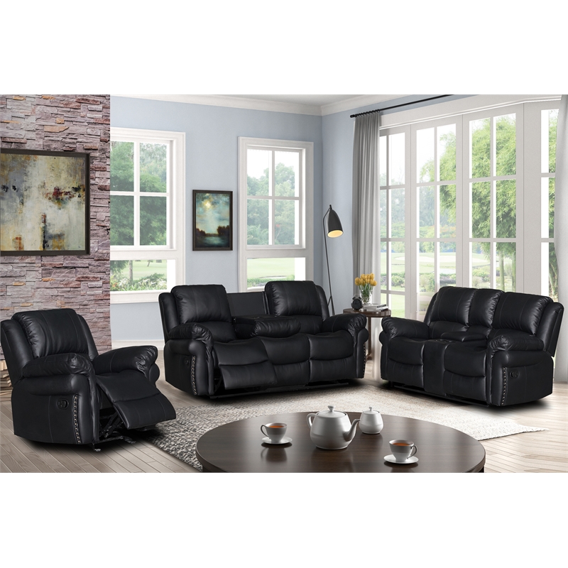 3-Piece Black Faux Leather Reclining Sofa Set with Cup Holders & Storage & Drop Down Table