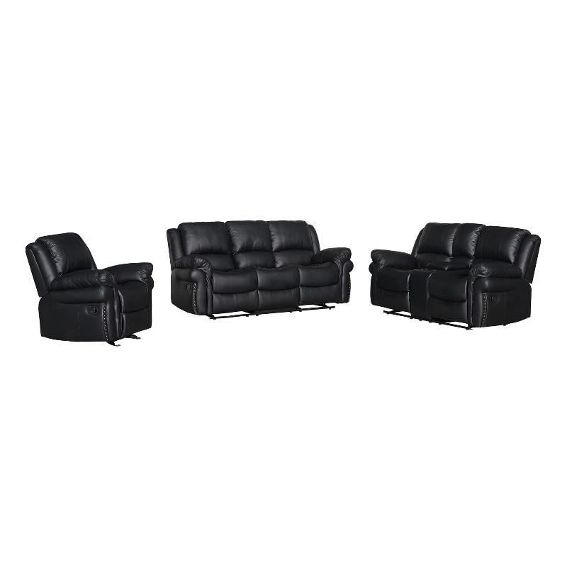 3-Piece Black Faux Leather Reclining Sofa Set with Cup Holders & Storage & Drop Down Table