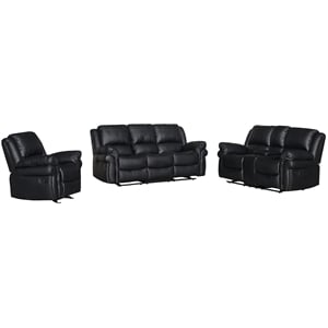 3-Piece Black Faux Leather Reclining Sofa Set with Cup Holders & Storage & Drop Down Table