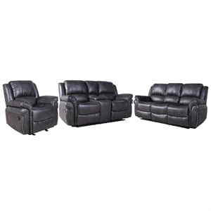 3-Piece Gray Faux Leather Reclining Sofa Set with Cup Holders & Storage & Drop Down Table