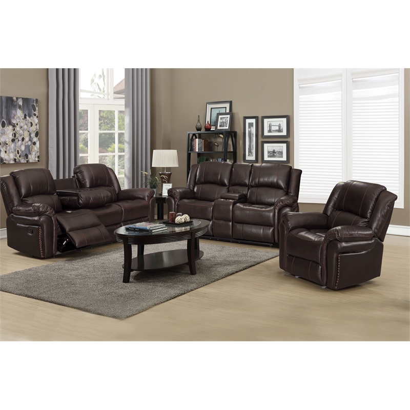 3-Piece Brown Faux Leather Reclining Sofa Set with Cup Holders & Storage & Drop Down Table