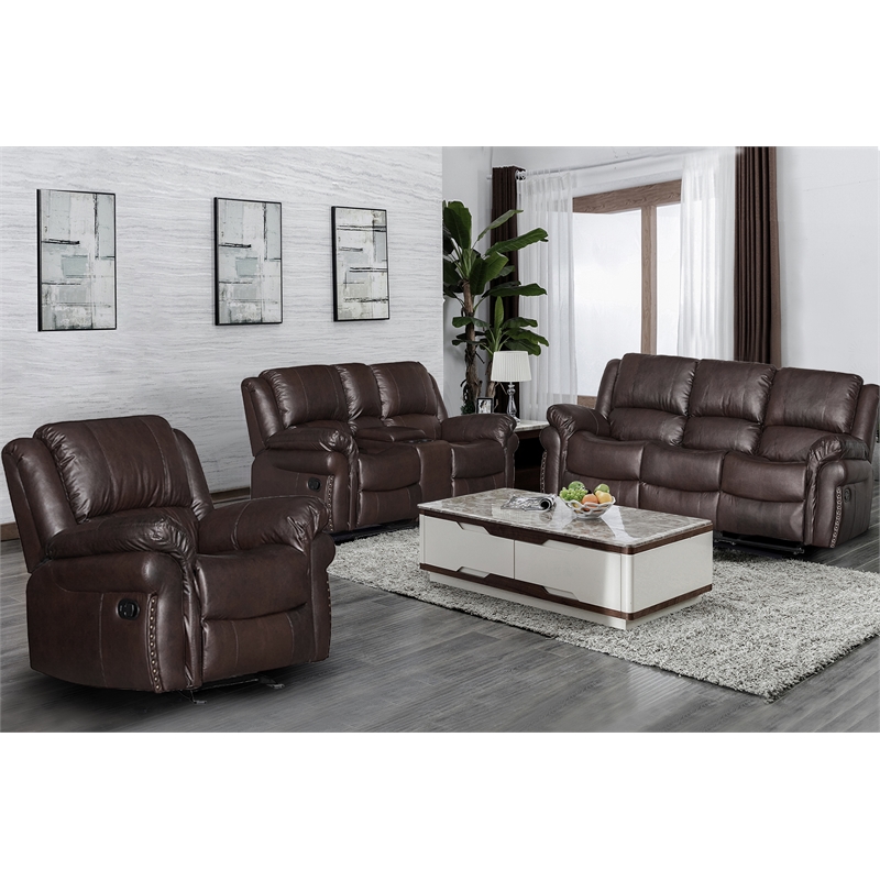 3-Piece Brown Faux Leather Reclining Sofa Set with Cup Holders & Storage & Drop Down Table