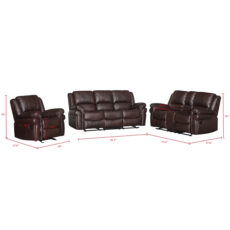 3-Piece Brown Faux Leather Reclining Sofa Set with Cup Holders & Storage & Drop Down Table