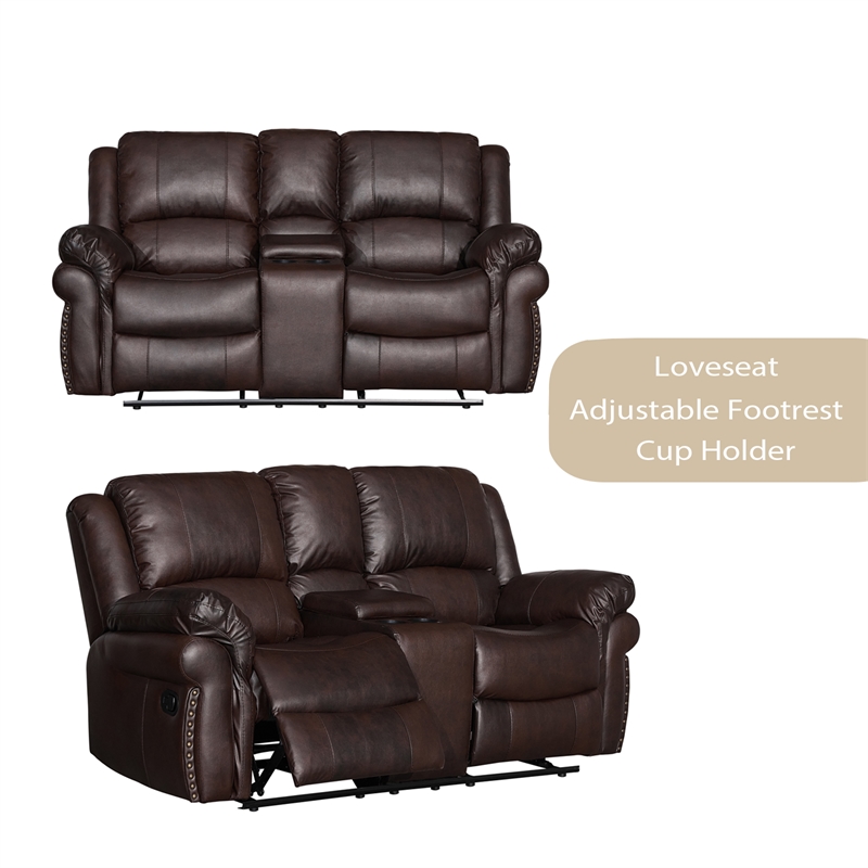 3-Piece Brown Faux Leather Reclining Sofa Set with Cup Holders & Storage & Drop Down Table