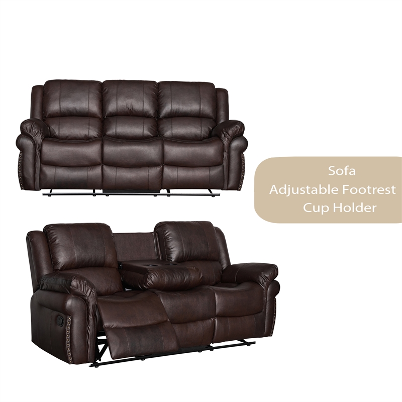 3-Piece Brown Faux Leather Reclining Sofa Set with Cup Holders & Storage & Drop Down Table