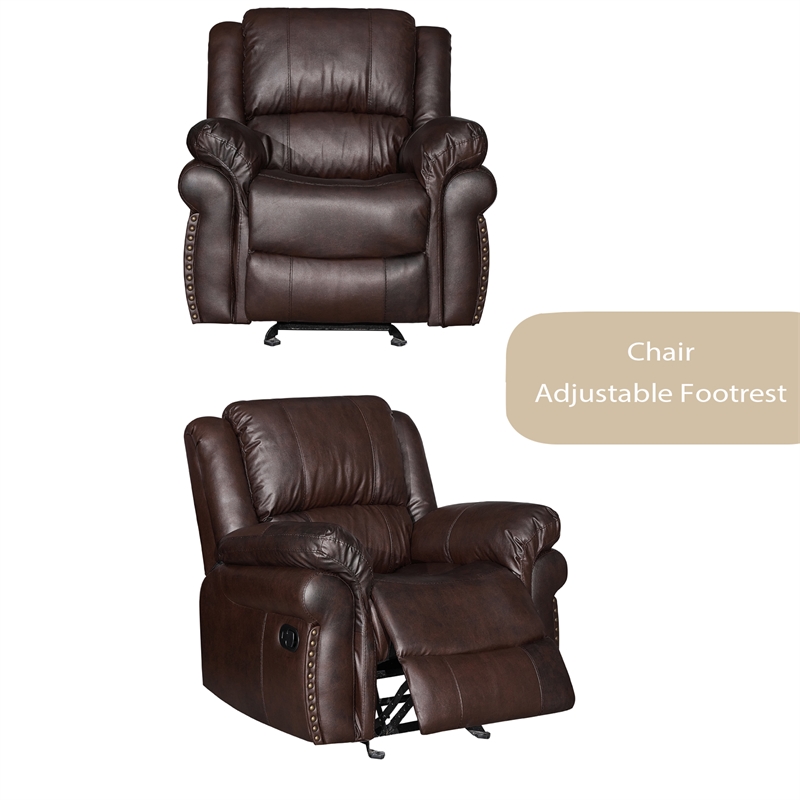 3-Piece Brown Faux Leather Reclining Sofa Set with Cup Holders & Storage & Drop Down Table