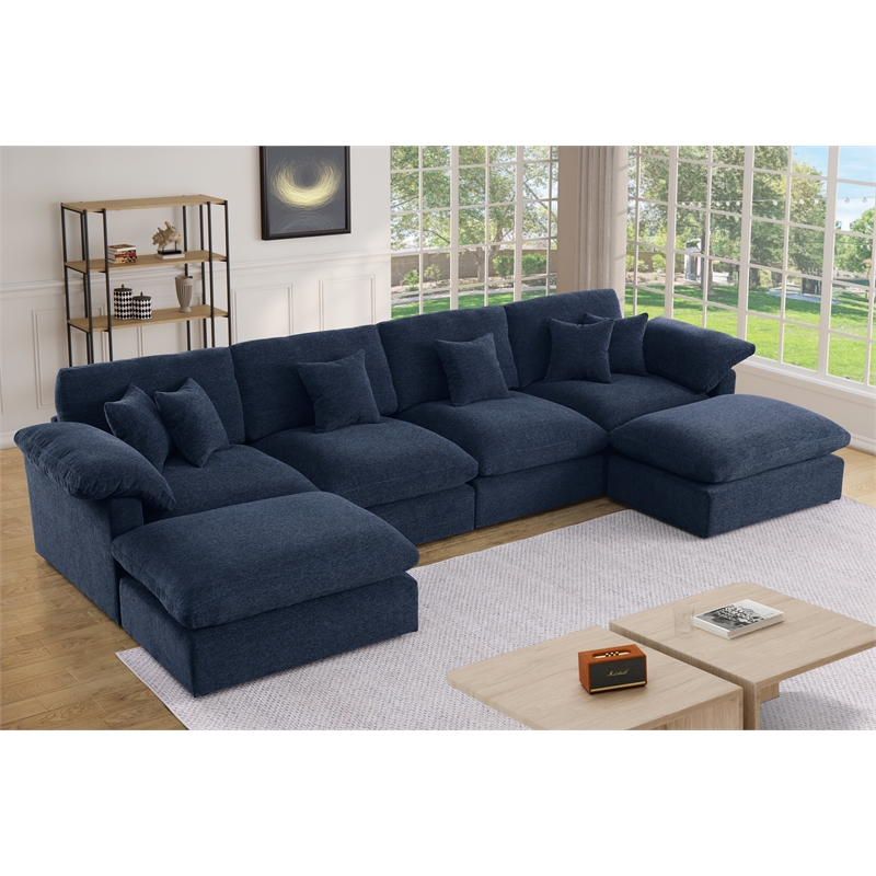Chenille Modular Sectional Sofa Modern Cloud Couch & Ottomans Blue