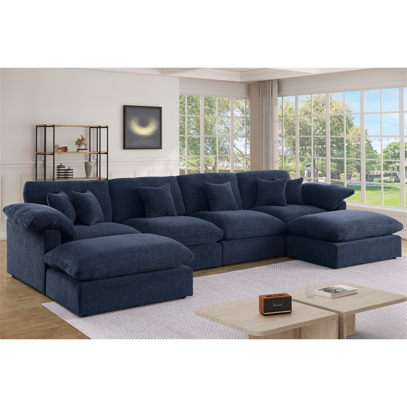 Chenille Modular Sectional Sofa Modern Cloud Couch & Ottomans Blue
