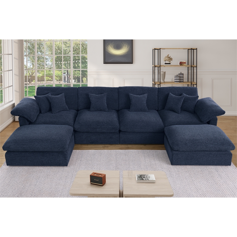 Chenille Modular Sectional Sofa Modern Cloud Couch & Ottomans Blue