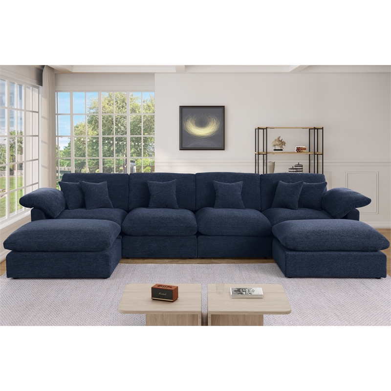 Chenille Modular Sectional Sofa Modern Cloud Couch & Ottomans Blue