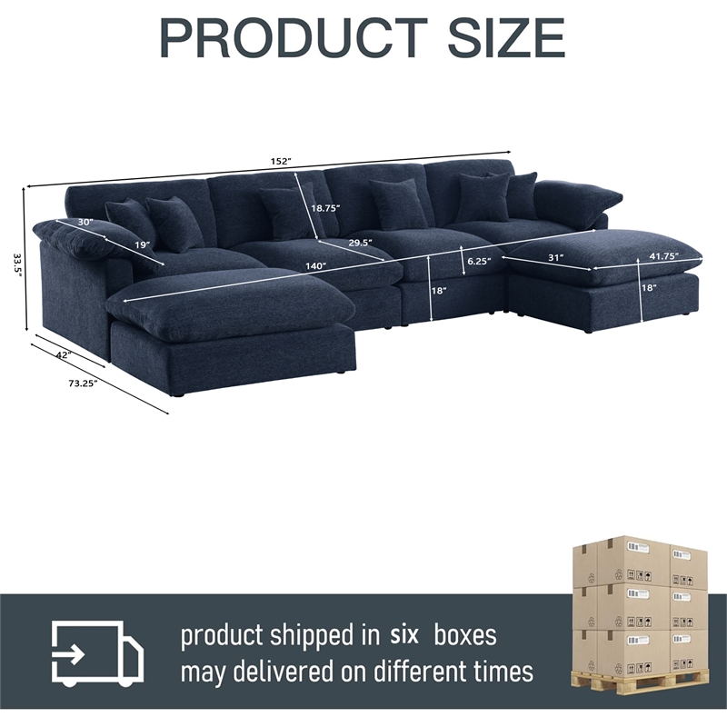 Chenille Modular Sectional Sofa Modern Cloud Couch & Ottomans Blue
