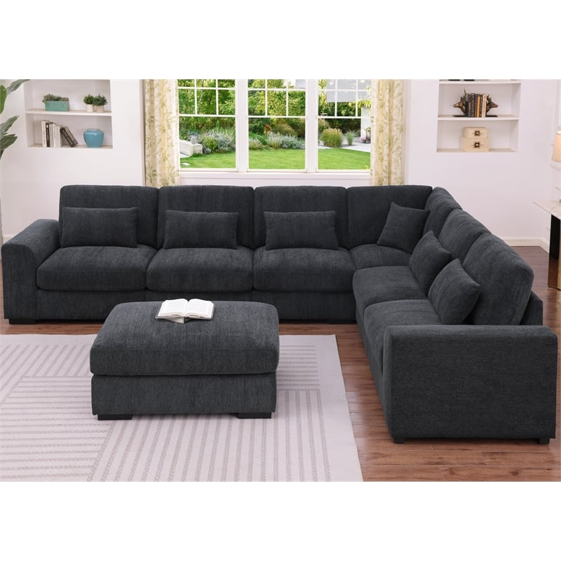 6 Seater Sectional Sofa Set Chenille Gray & Ottoman Pillows