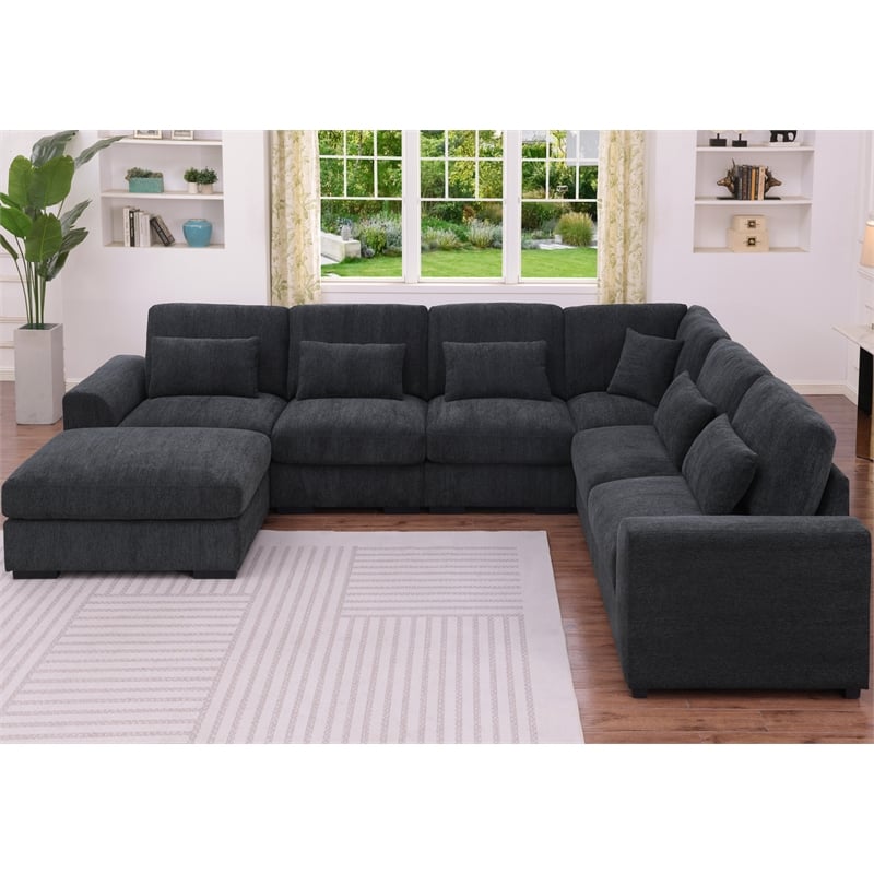 6 Seater Sectional Sofa Set Chenille Gray & Ottoman Pillows