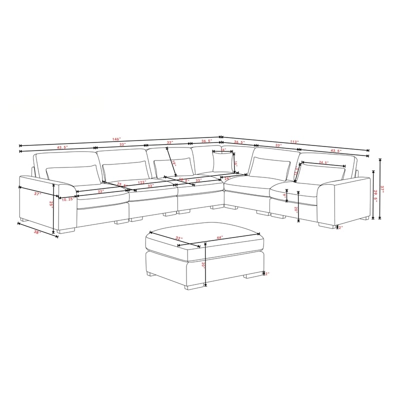 6 Seater Sectional Sofa Set Chenille Gray & Ottoman Pillows