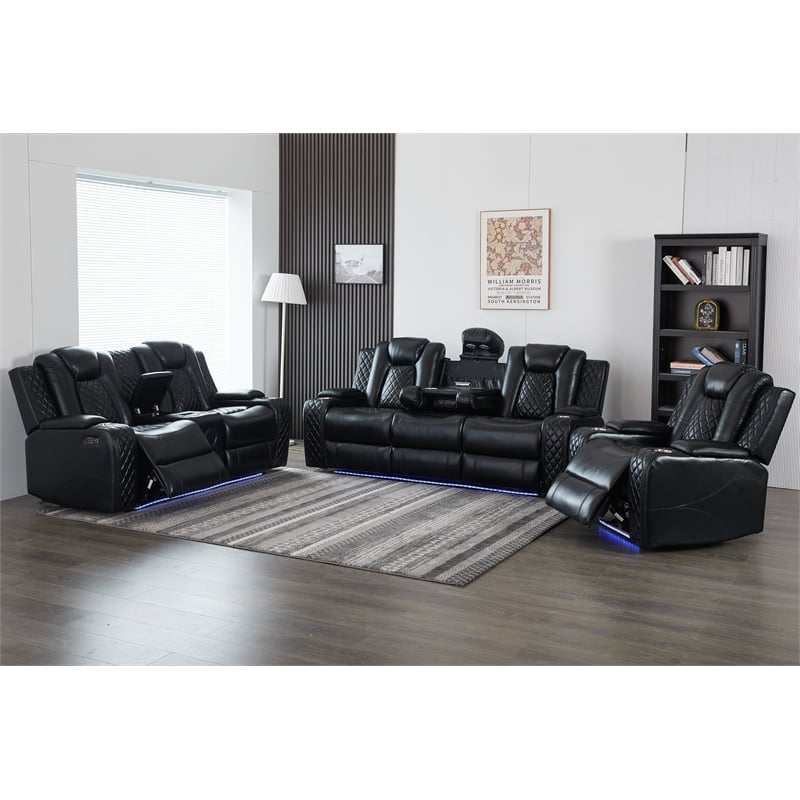 3-Piece Power Reclining PU Leather Sofa Set & Speaker Black
