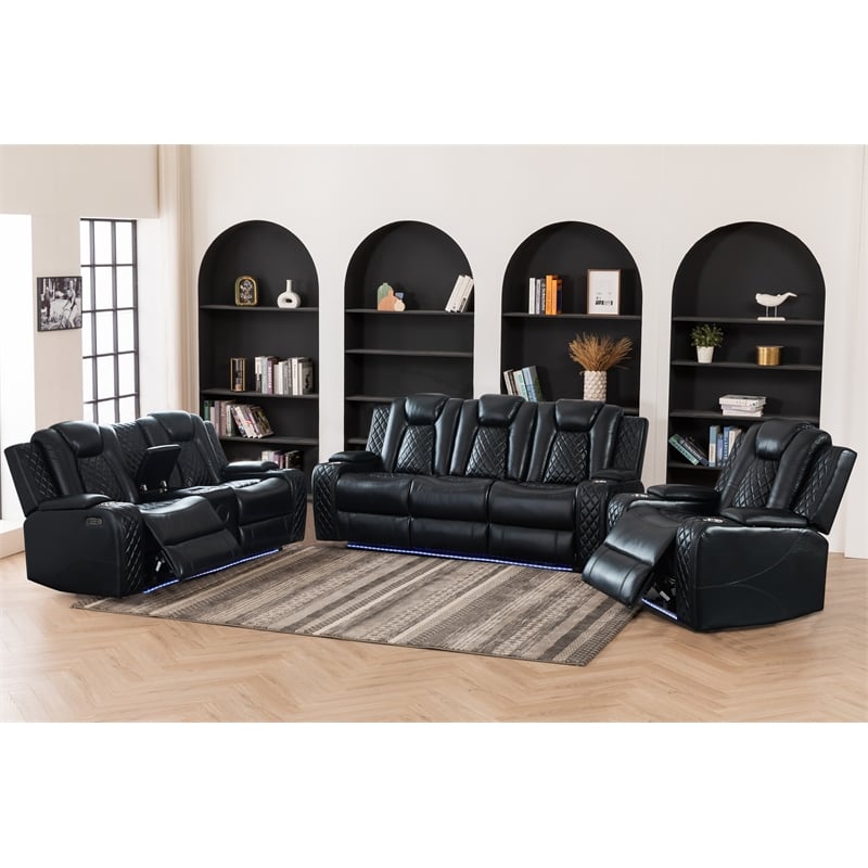 3-Piece Power Reclining PU Leather Sofa Set & Speaker Black
