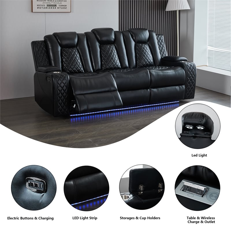 3-Piece Power Reclining PU Leather Sofa Set & Speaker Black