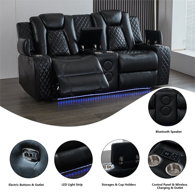 3-Piece Power Reclining PU Leather Sofa Set & Speaker Black