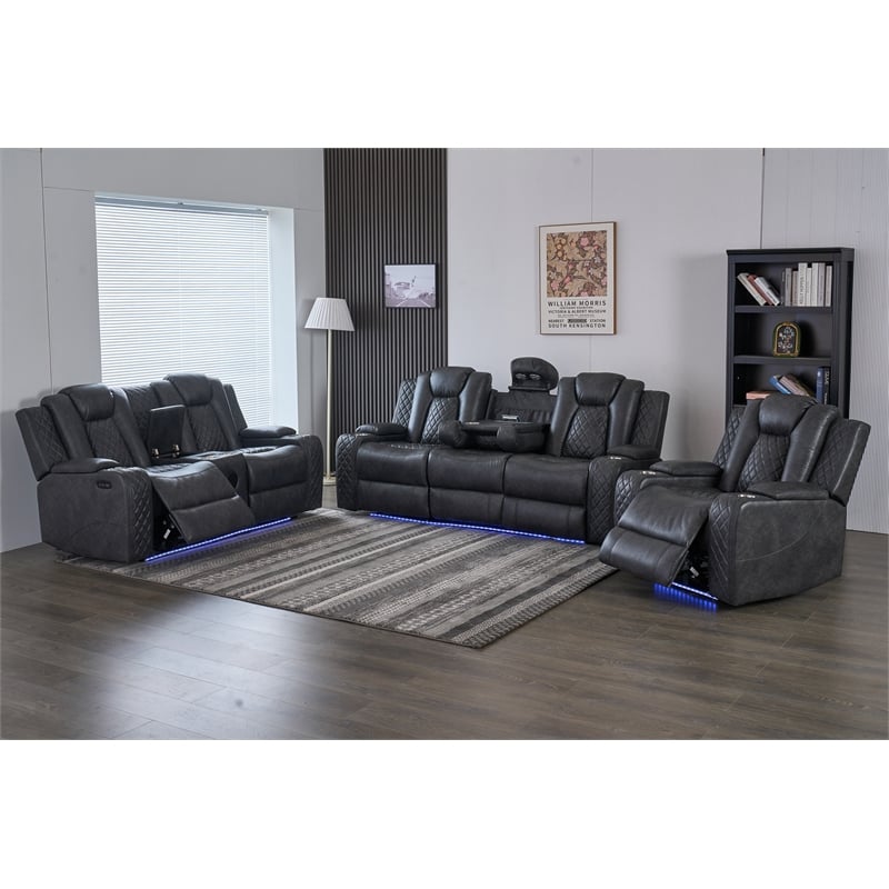 3-Piece Power Reclining PU Leather Sofa Set & Speaker Gray