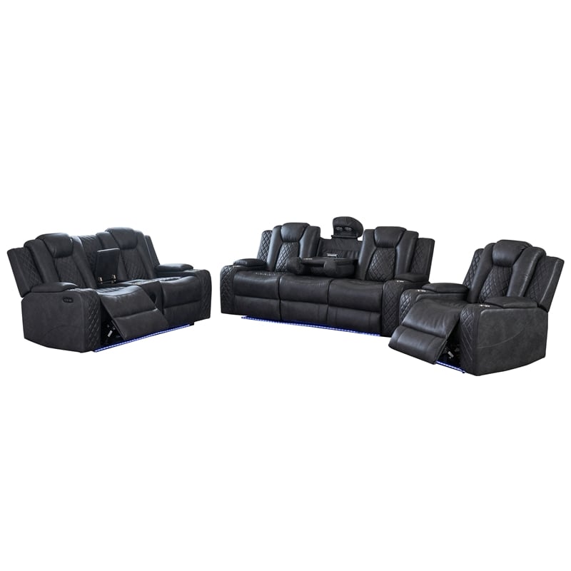 3-Piece Power Reclining PU Leather Sofa Set & Speaker Gray
