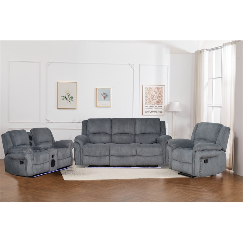 3-Piece Reclining Corduroy Sofa Set & LED Light Strip Speaker Gray