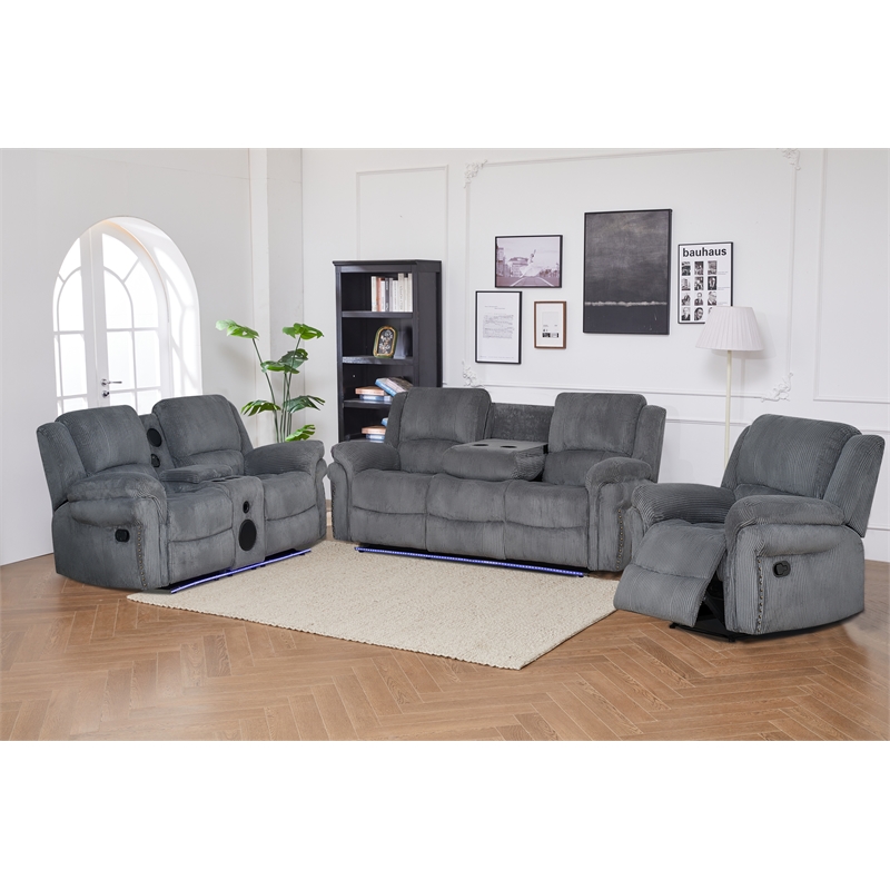 3-Piece Reclining Corduroy Sofa Set & LED Light Strip Speaker Gray