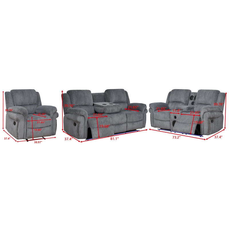3-Piece Reclining Corduroy Sofa Set & LED Light Strip Speaker Gray