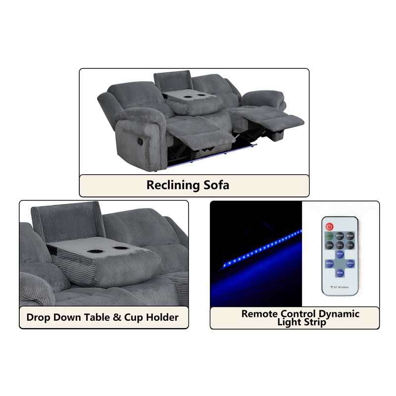 3-Piece Reclining Corduroy Sofa Set & LED Light Strip Speaker Gray