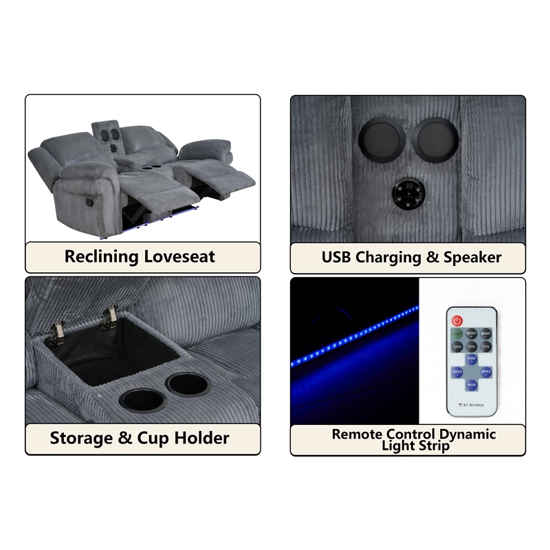 3-Piece Reclining Corduroy Sofa Set & LED Light Strip Speaker Gray