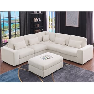 L-Shape Chenille Sectional Sofa with Ottoman & Pillows 5-Seat Beige